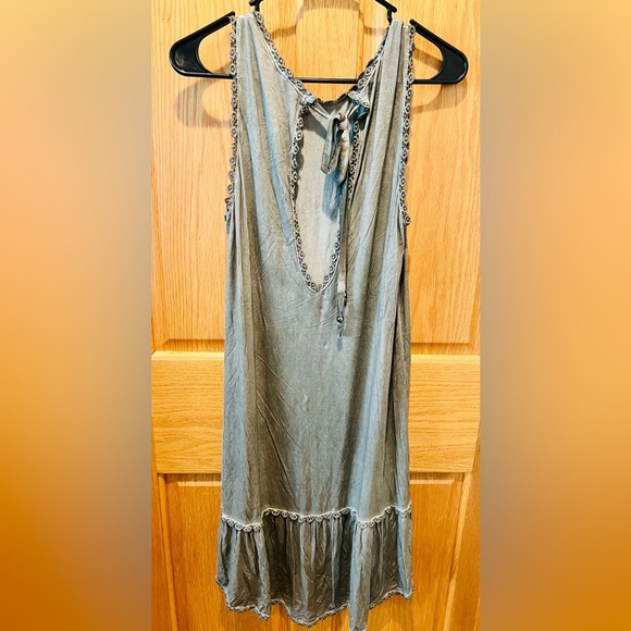 POL Dresses & Skirts - POL Antique Green Sleeveless Dress with Back Cut Out & Tie Bead Accents